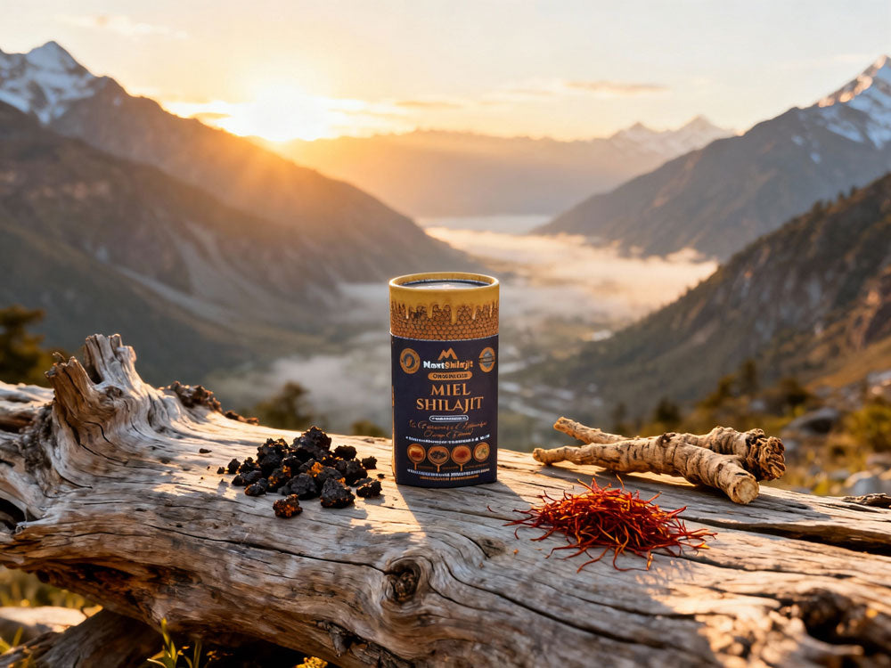 Miel Shilajit Stick Booster avec Safran & Ashwagandha - Testé en Laboratoire, 100% Naturel, par MontOrigin