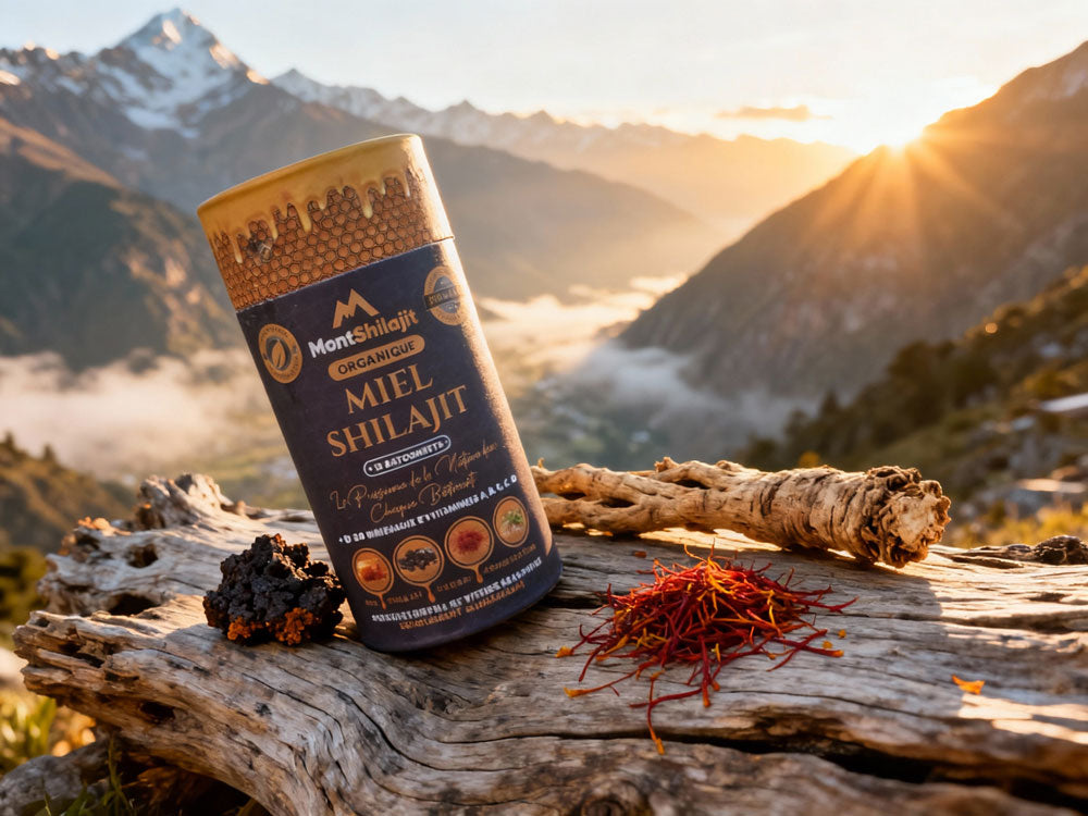 Miel Shilajit Stick Booster avec Safran & Ashwagandha - Testé en Laboratoire, 100% Naturel, par MontOrigin