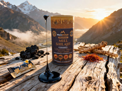 Miel Shilajit Stick Booster avec Safran & Ashwagandha - Testé en Laboratoire, 100% Naturel, par MontOrigin