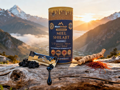 Miel Shilajit Stick Booster avec Safran & Ashwagandha - Testé en Laboratoire, 100% Naturel, par MontOrigin