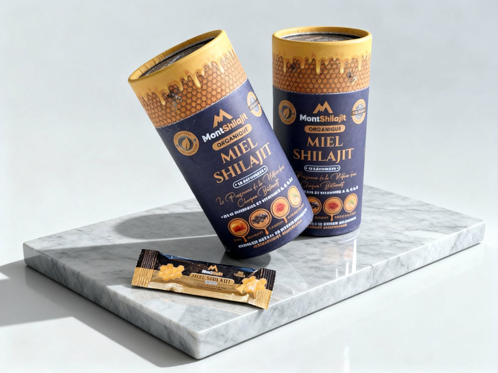 Miel Shilajit Stick Booster avec Safran & Ashwagandha - Testé en Laboratoire, 100% Naturel, par MontOrigin