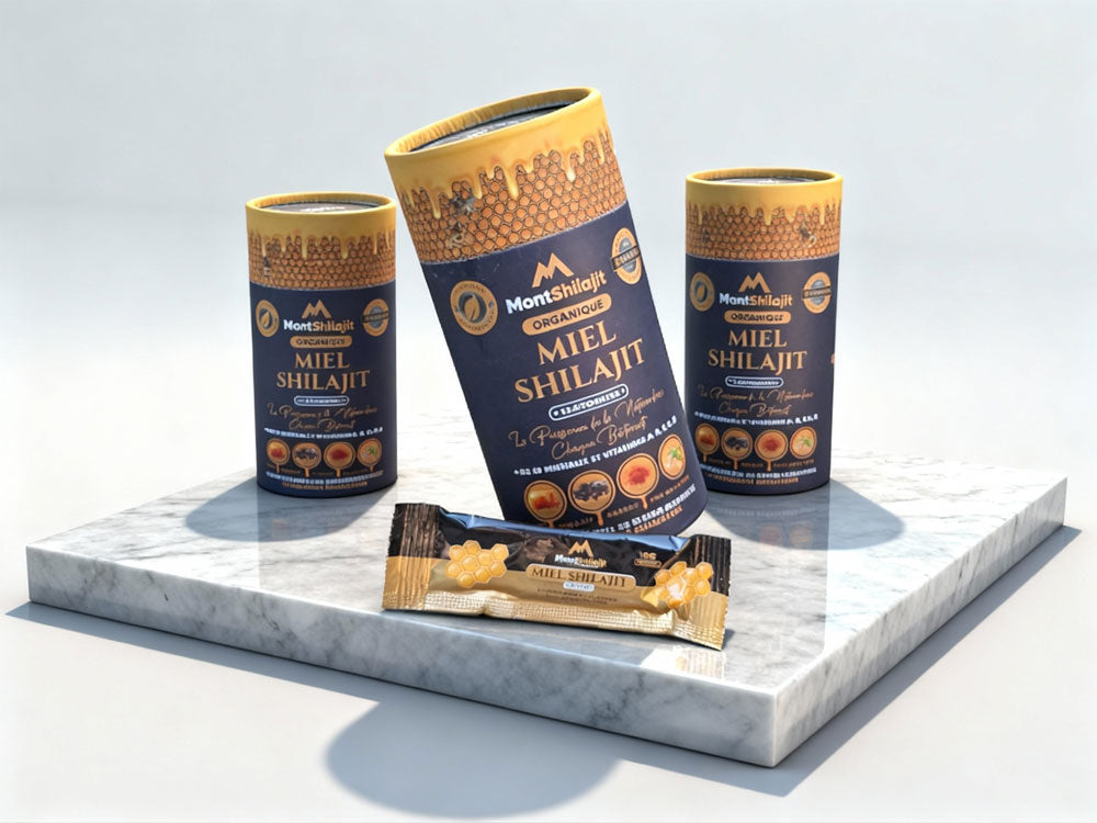 Miel Shilajit Stick Booster avec Safran & Ashwagandha - Testé en Laboratoire, 100% Naturel, par MontOrigin