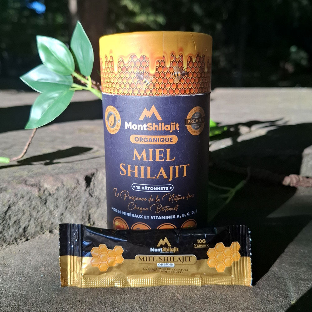 Miel Shilajit Stick Booster avec Safran & Ashwagandha - Testé en Laboratoire, 100% Naturel, par MontOrigin